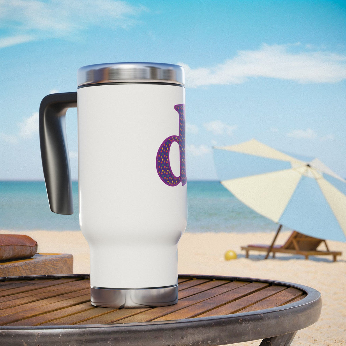 Monogram 'd' Purple Polka Dot Travel Mug – 14oz Stainless Steel with Handle