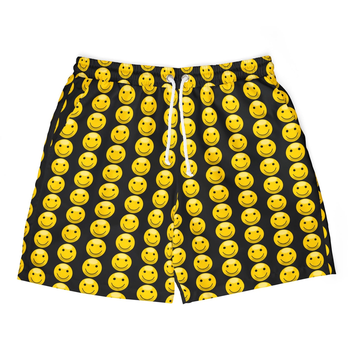 Happy Emoji Swim Shorts, Unisex Beach Shorts, Fun Summer Swimwear, Vacation Ready Swim Trunks, Cute Pool Party Attire