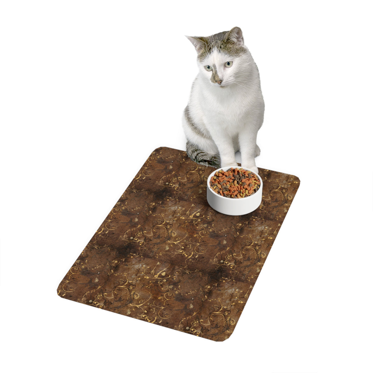 Brown Marble Pet Food Mat (12x18) — Non-Slip Waterproof Feeding Placemat for Cats & Dogs