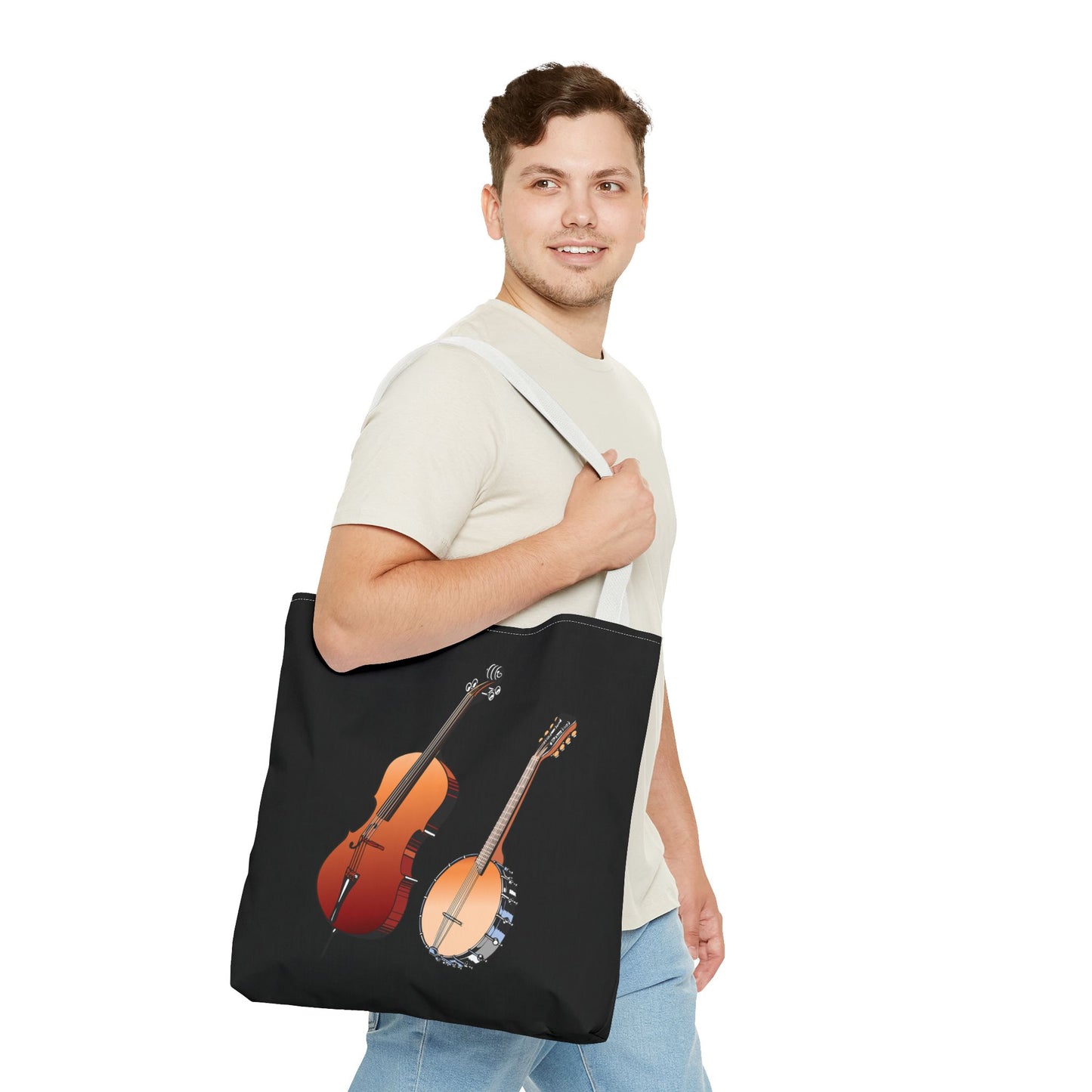 Musical Instruments Tote Bag, Music Lover Gift, Banjo and Cello Design, Stylish Grocery Tote, Concert Bag, Eco-Friendly Carryall