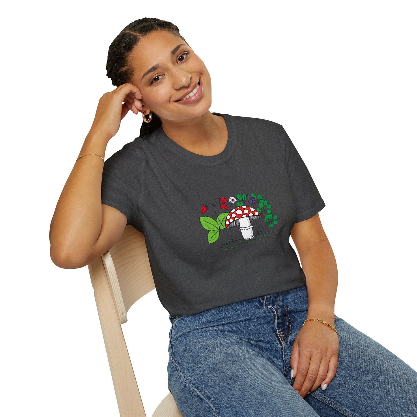 Whimsical Mushroom T-Shirt for Nature Lovers, Casual Tees, Gift for Gardeners, Unisex Softstyle Shirt, Eco-Friendly Apparel