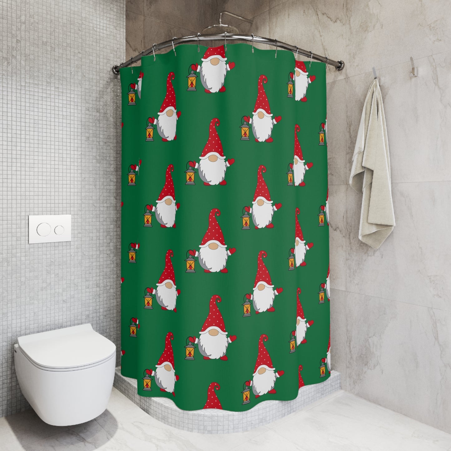 Christmas Gnome Shower Curtain — Festive Green Holiday Bathroom Decor