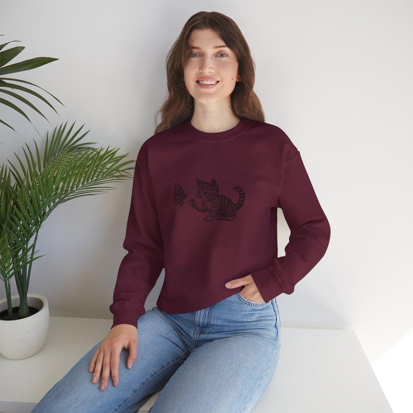 Kitten Butterfly Sweatshirt, Cozy Crewneck with Cat Art, Perfect Gift for Animal Lovers, Cute Sweatshirt for Relaxation & Everyday Wear