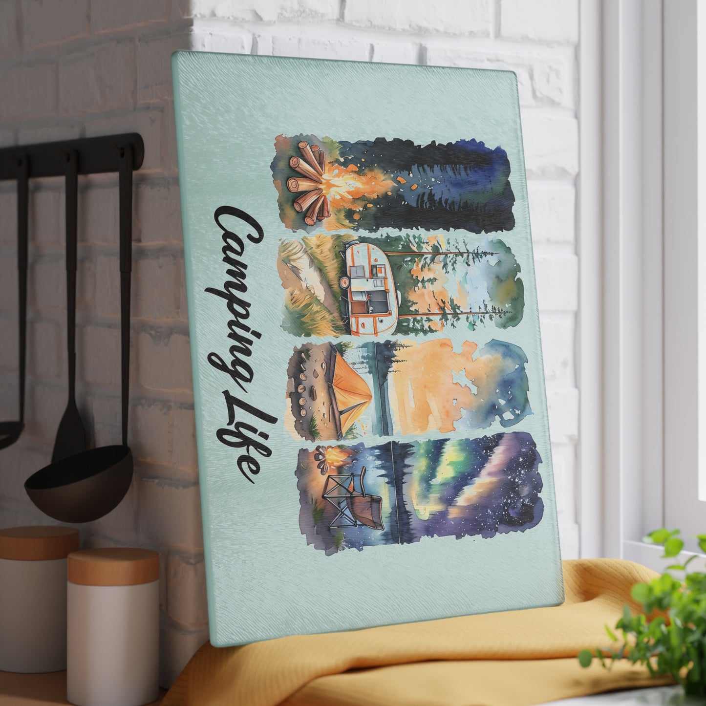 Camping Life Glass Cutting Board – Watercolor Camper, Tent & Campfire Kitchen Board