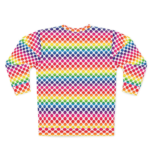 Rainbow Polka Dot Unisex Sweatshirt, Colorful AOP Pullover, Trendy Cozy Top, Vibrant Gift for Her/Him, Perfect for Casual Wear