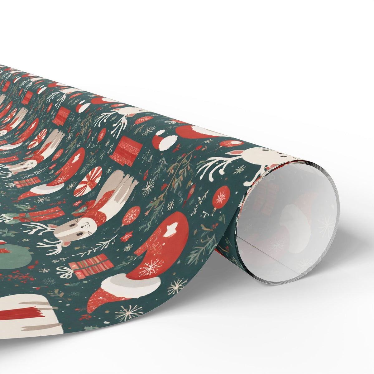 Christmas Wrapping Paper Roll — Cute Santa & Reindeer Pattern, Holiday Gift Wrap