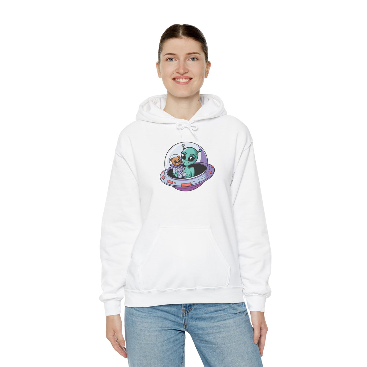 Cute Alien and Kid Hoodie, Unisex Heavy Blend Sweatshirt, UFO Lover Gift, Halloween Costume, Space-Themed Outfit, Birthday Present