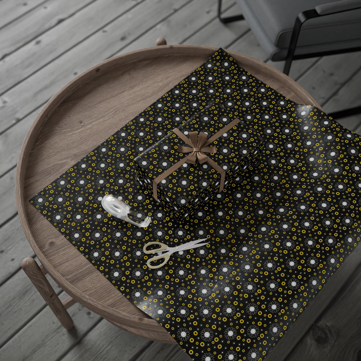Sunflower Doodles Wrapping Paper Roll — Black & Yellow Floral Gift Wrap
