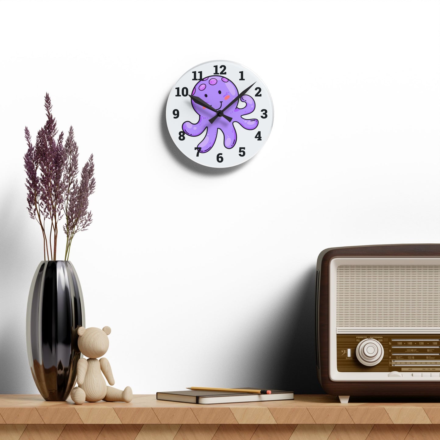 Cute Octopus Acrylic Wall Clock - Fun Kids Room Decor, Nautical Wall Art