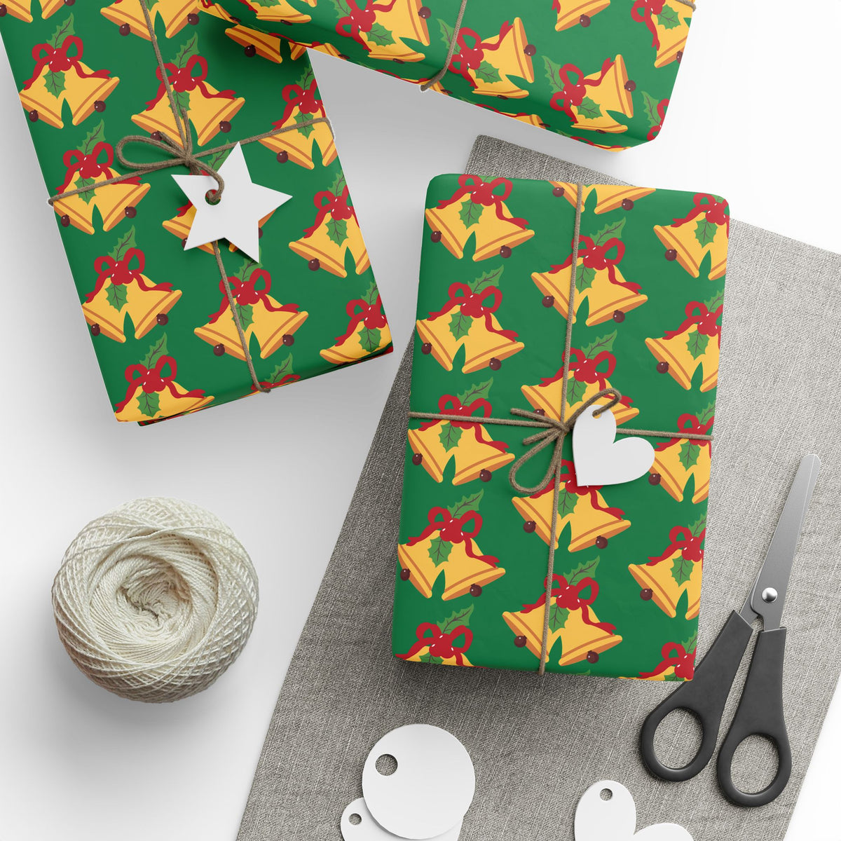 Christmas Bells Wrapping Paper Roll — Green Holly Holiday Gift Wrap