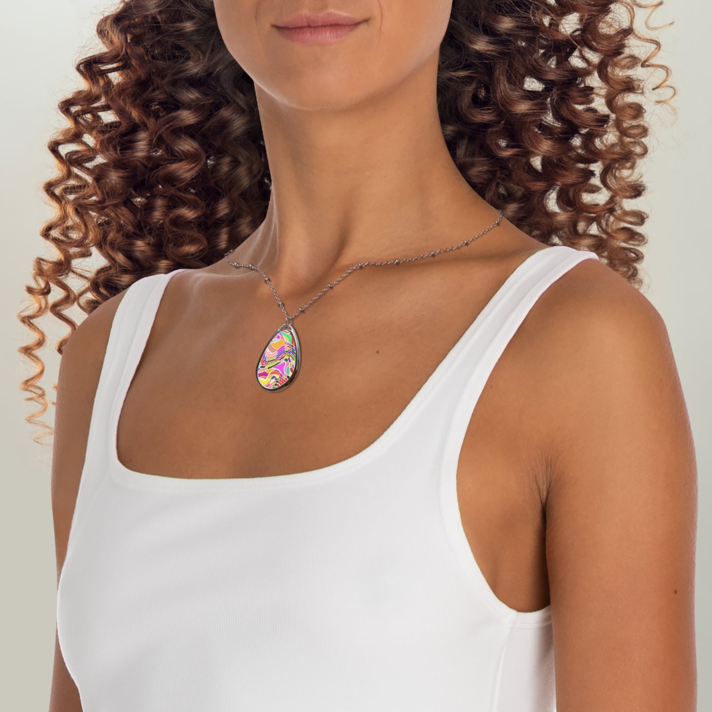 Colorful Oval Pendant Necklace, Bohemian Jewelry