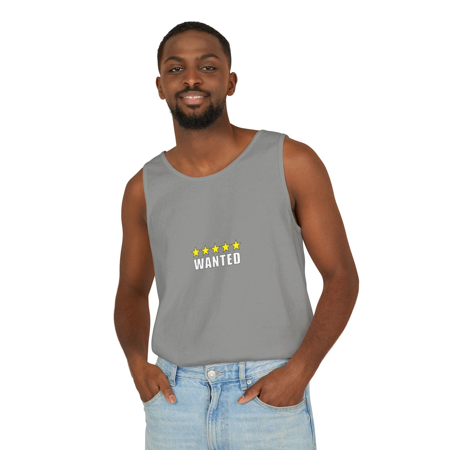5-Star "WANTED" Garment-Dyed Tank Top, Unisex Summer Shirt, Gift for Him/Her, Trendy Casual Wear, Pool Party Outfit, Unique Graphic Tee