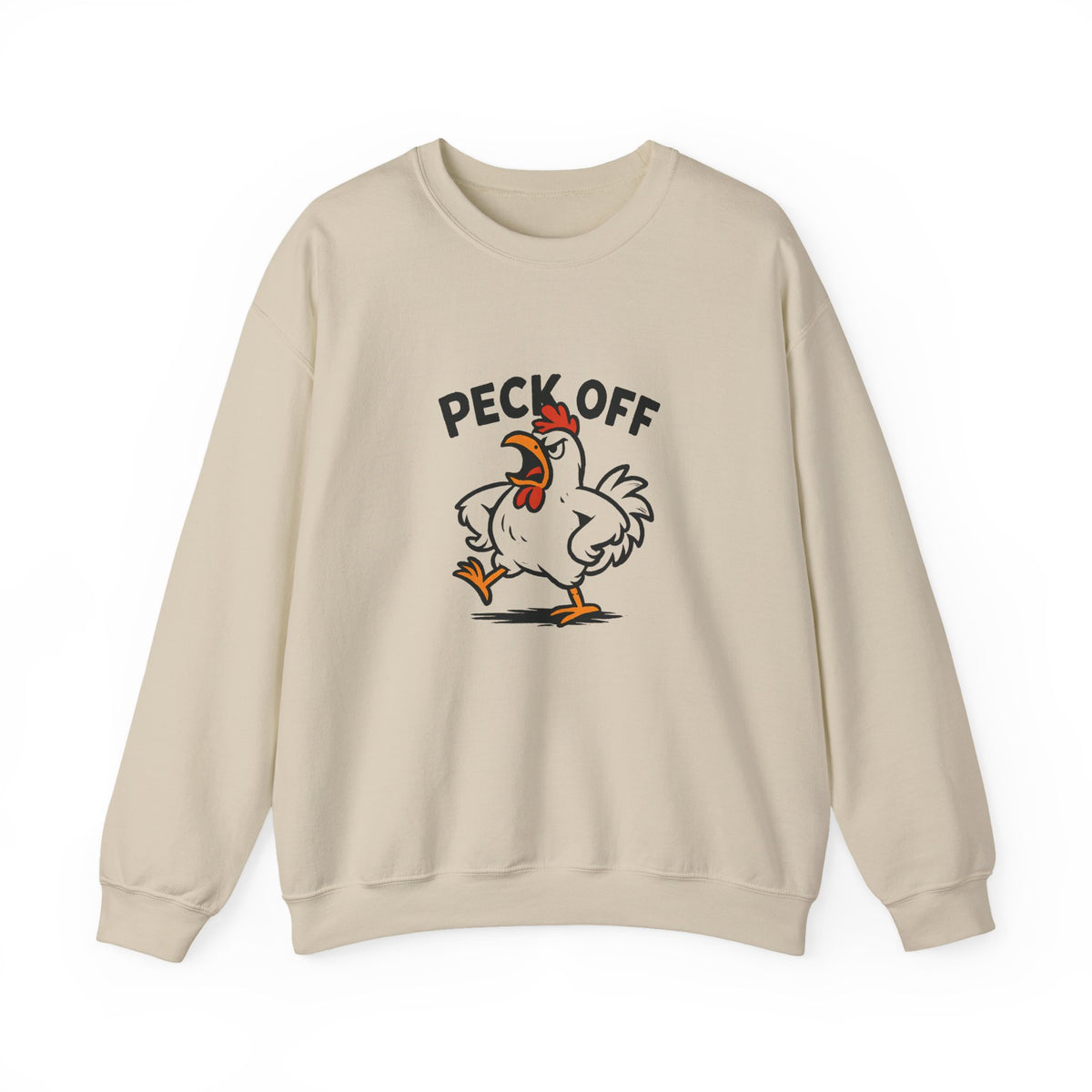 Crewneck Sweatshirt — 'Peck Off' Funny Angry Chicken Graphic