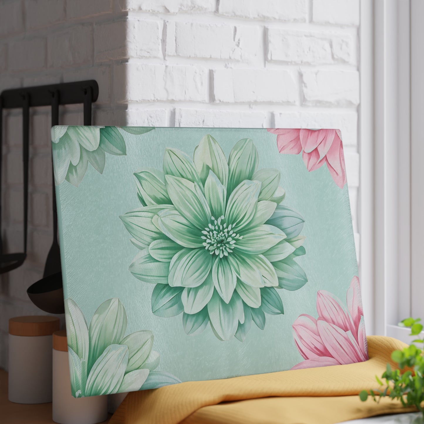 Glass Cutting Board — Pastel Succulent Floral Design (Mint & Pink)