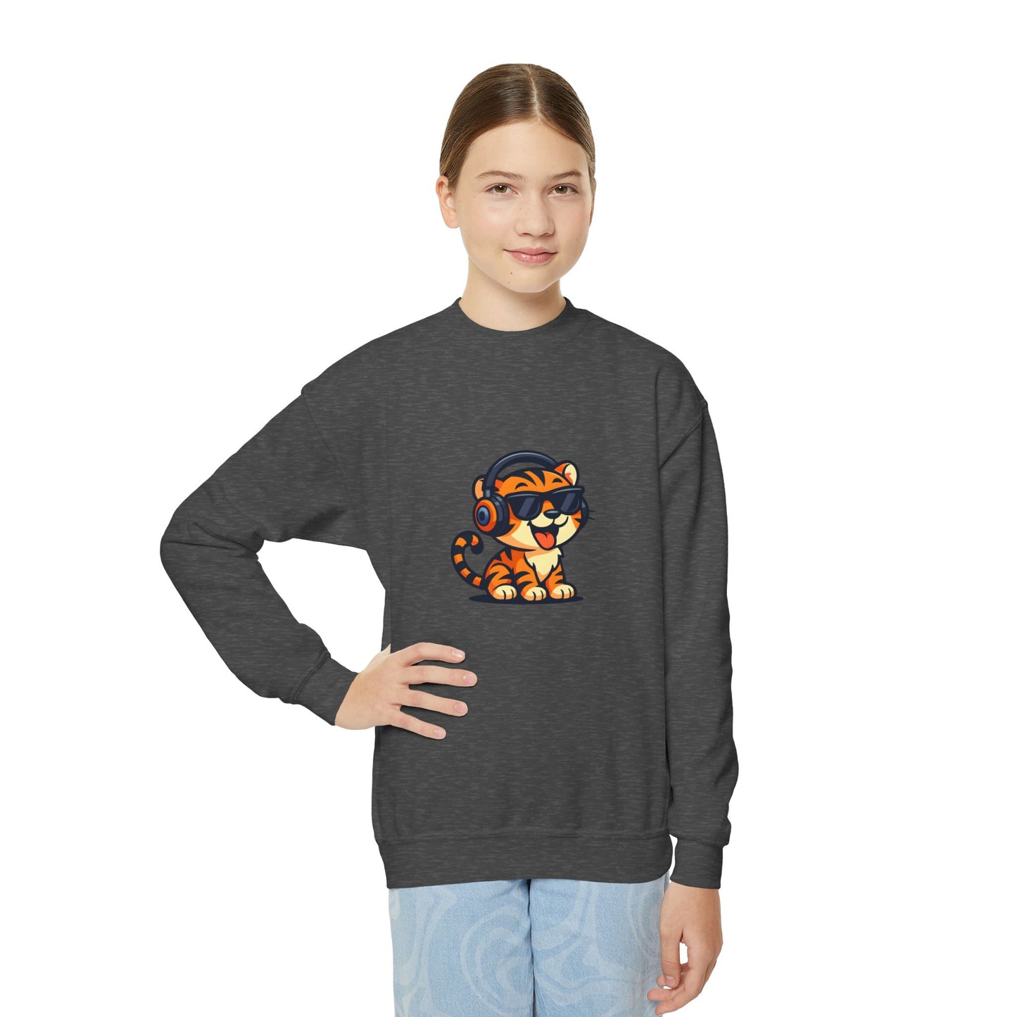 Cool Tiger Youth Crewneck Sweatshirt, Cute Animal Apparel, Teen Style, Gift for Kids, Casual Wear
