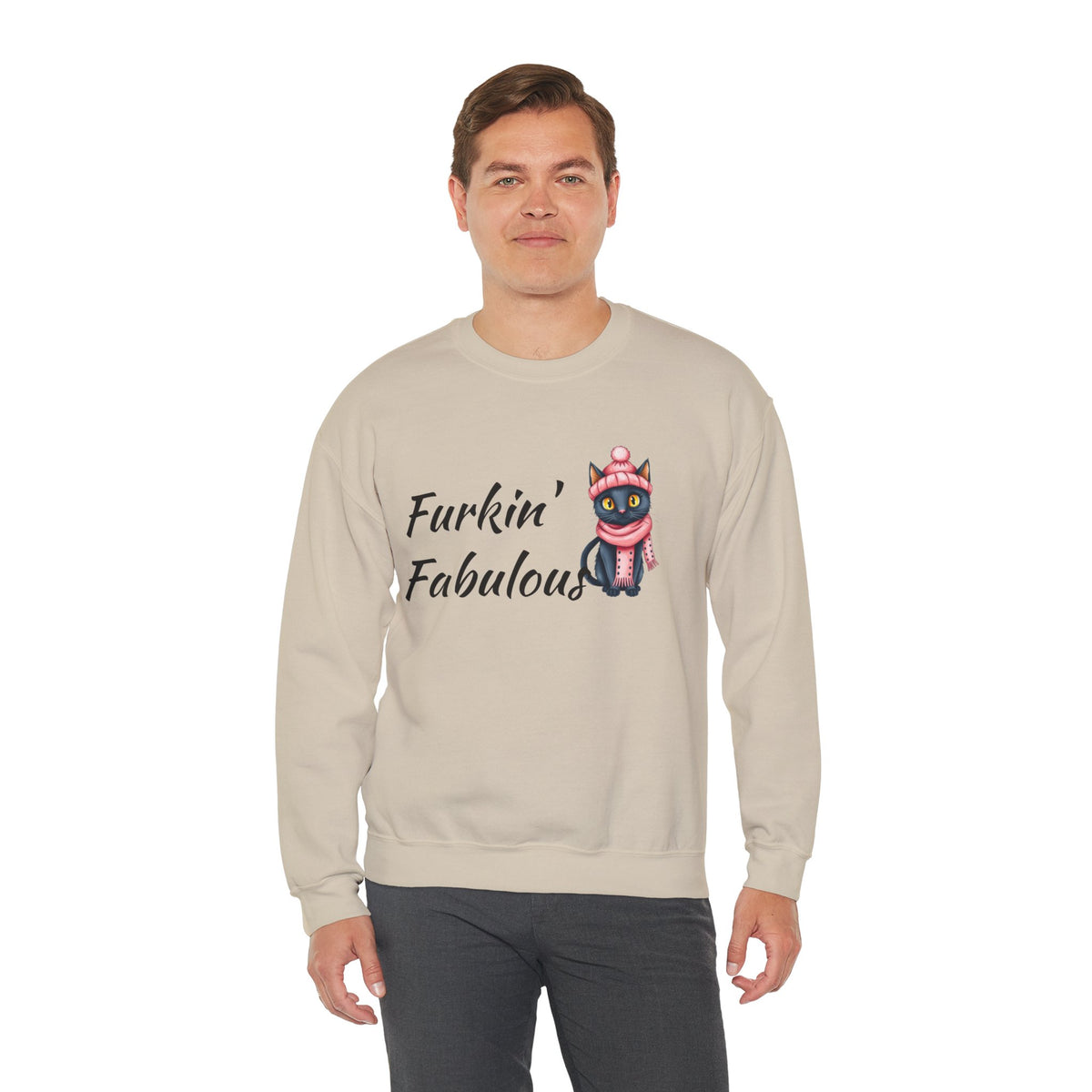 Crewneck Sweatshirt — "Furkin' Fabulous" Cute Black Cat in Pink Hat & Scarf