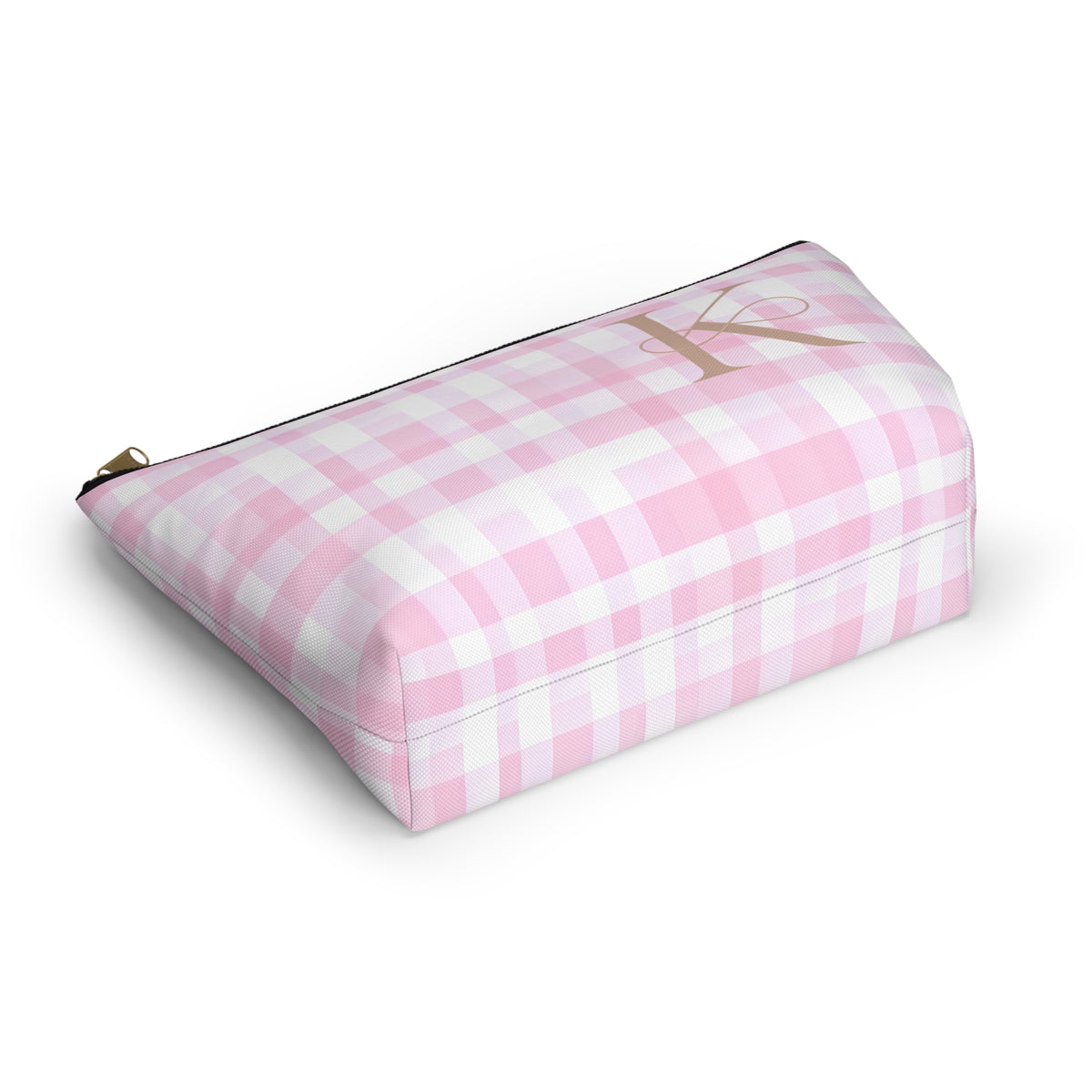 Personalized Pink Gingham Accessory Pouch, Makeup Bag - Letter K