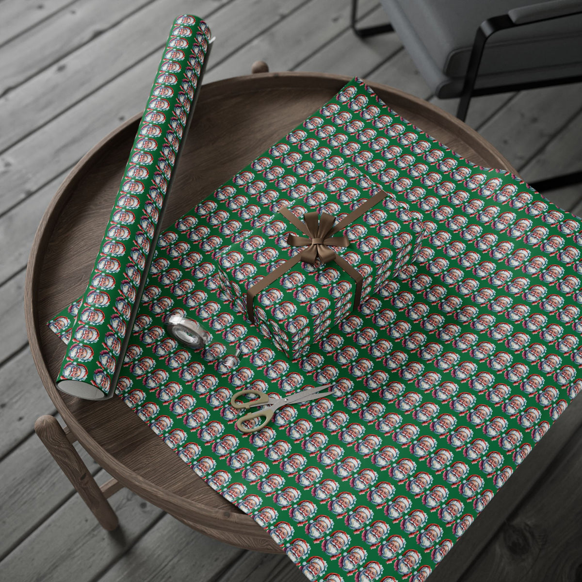 Santa Faces Green Christmas Wrapping Paper Roll