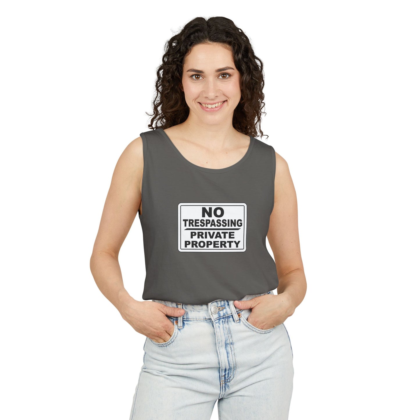 No Trespassing Garment-Dyed Tank Top | Unisex Summer Wear, Beach Vacation Shirt, Outdoor Adventure Top, Gift for Nature Lovers