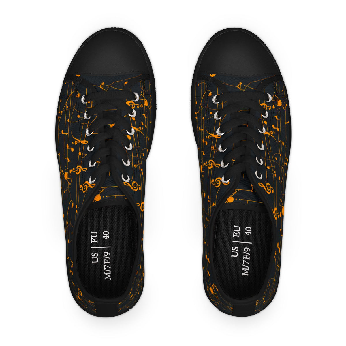 Low Top Sneakers — Black Gold Musical Notes Design