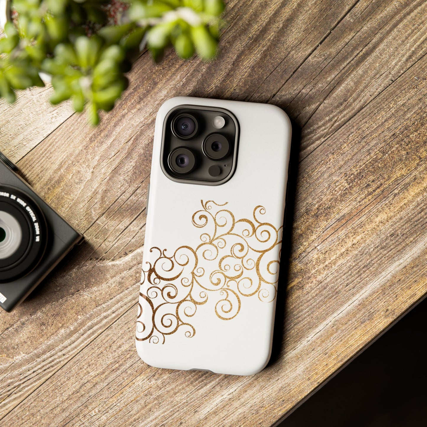 Elegant Floral Phone Case, Tough Cases, Gold Swirls, Stylish Protection, Trendy Gift, Chic Accessory