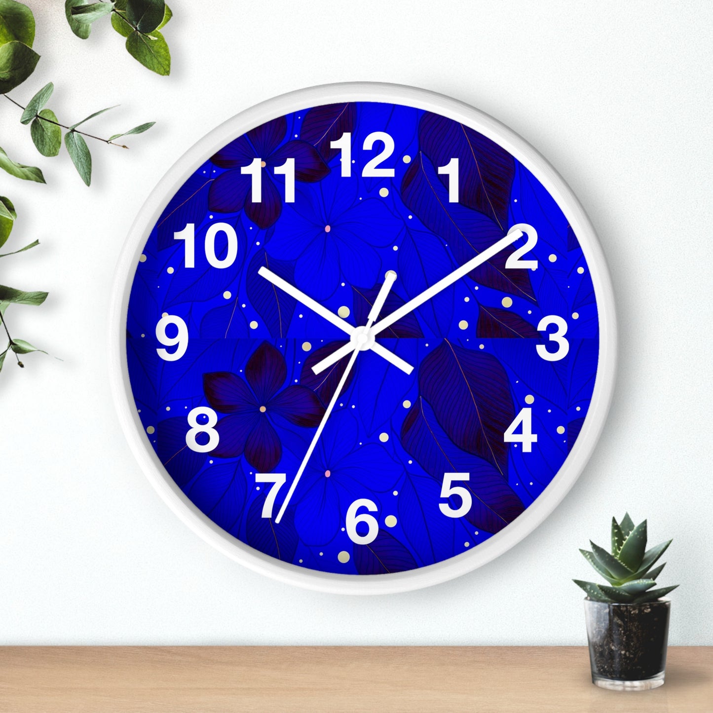 Elegant Floral Blue Wall Clock, Home Decor, Gift for Her, Modern Design, Office Timepiece, Blue Accent Clock