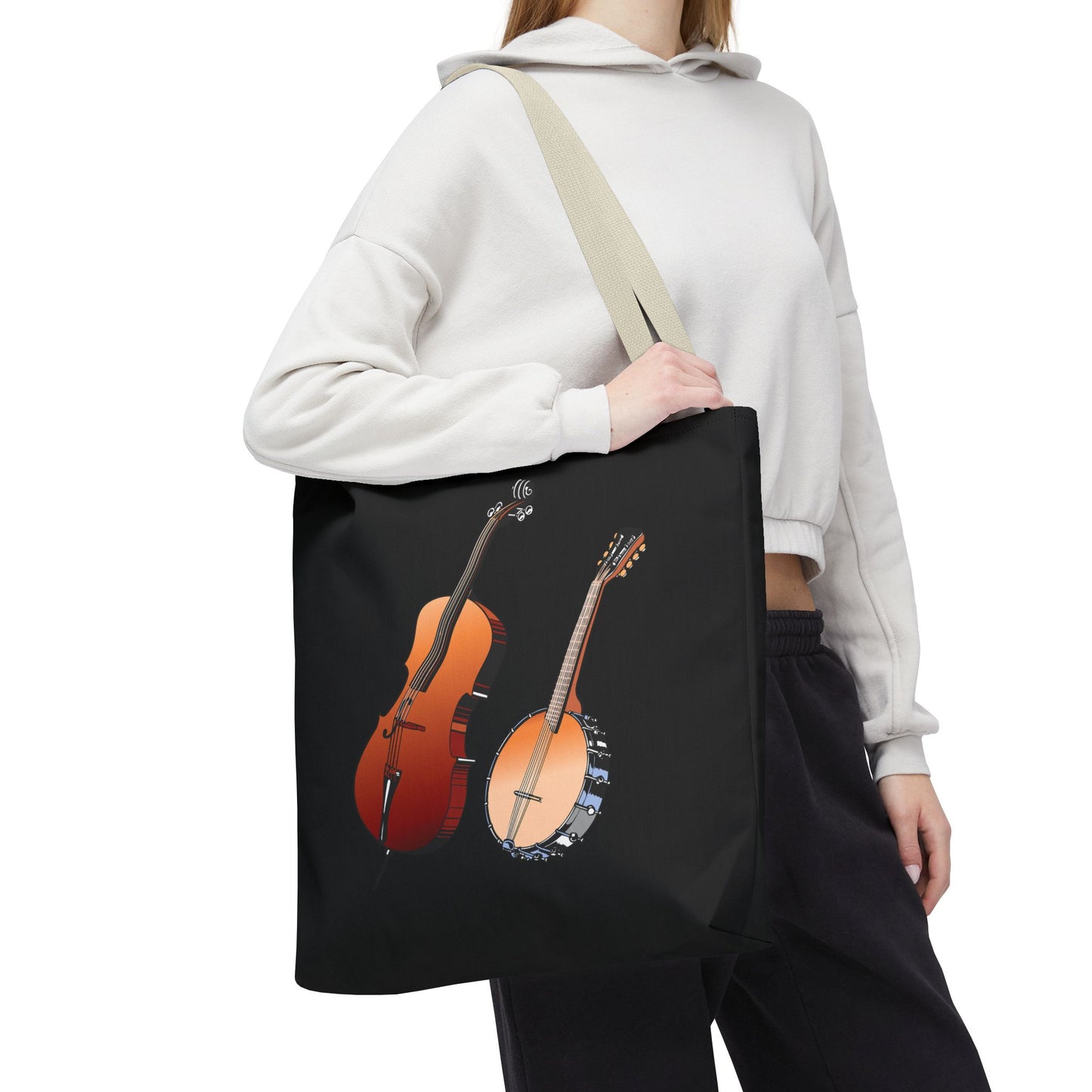 Musical Instruments Tote Bag, Music Lover Gift, Banjo and Cello Design, Stylish Grocery Tote, Concert Bag, Eco-Friendly Carryall