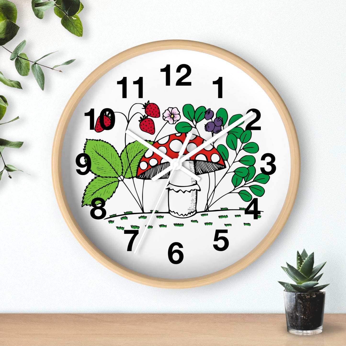 Charming Nature-Inspired Wall Clock with Mushroom and Berries, Home Decor, Rustic Clock, Gift for Nature Lovers, Boho Wall Art