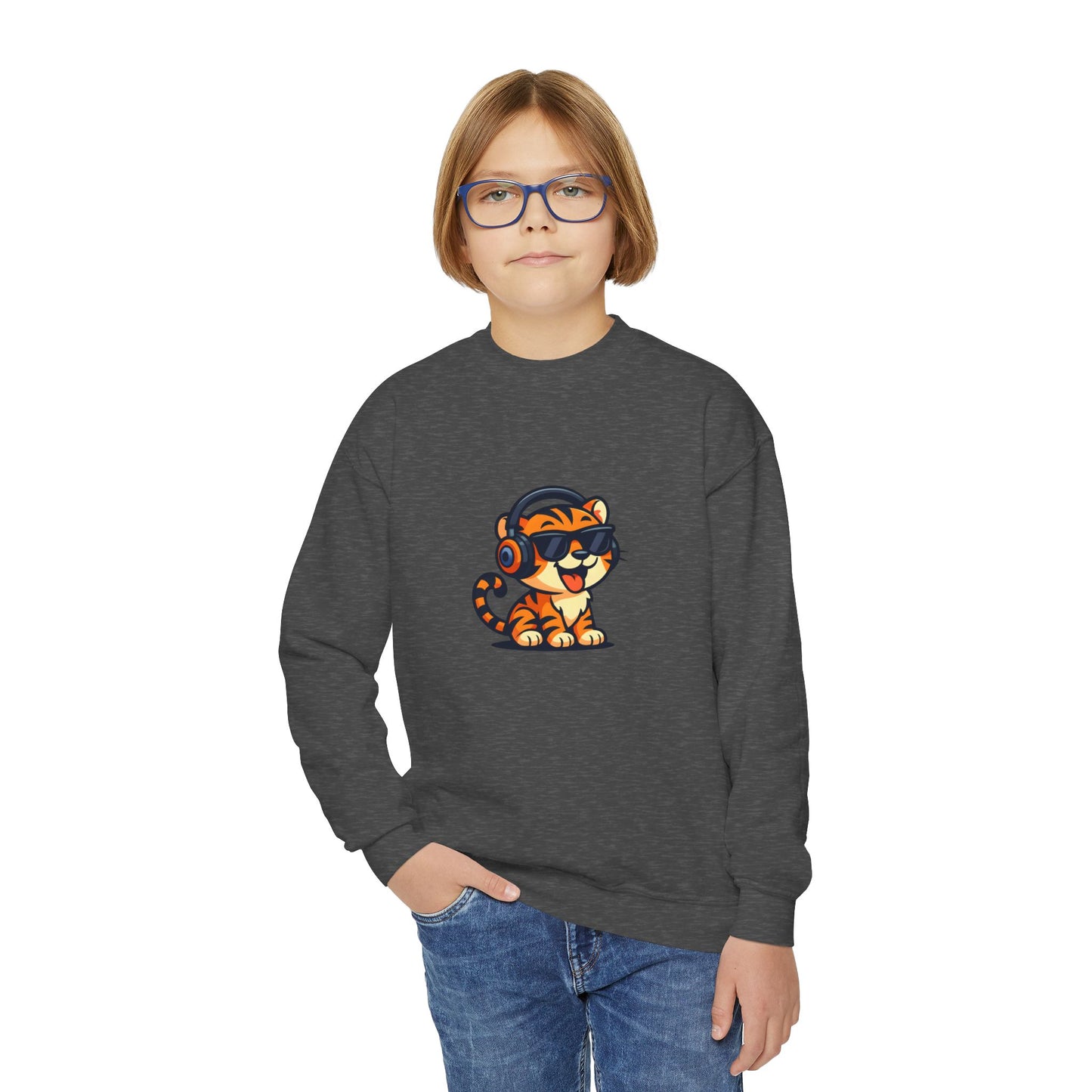 Cool Tiger Youth Crewneck Sweatshirt, Cute Animal Apparel, Teen Style, Gift for Kids, Casual Wear