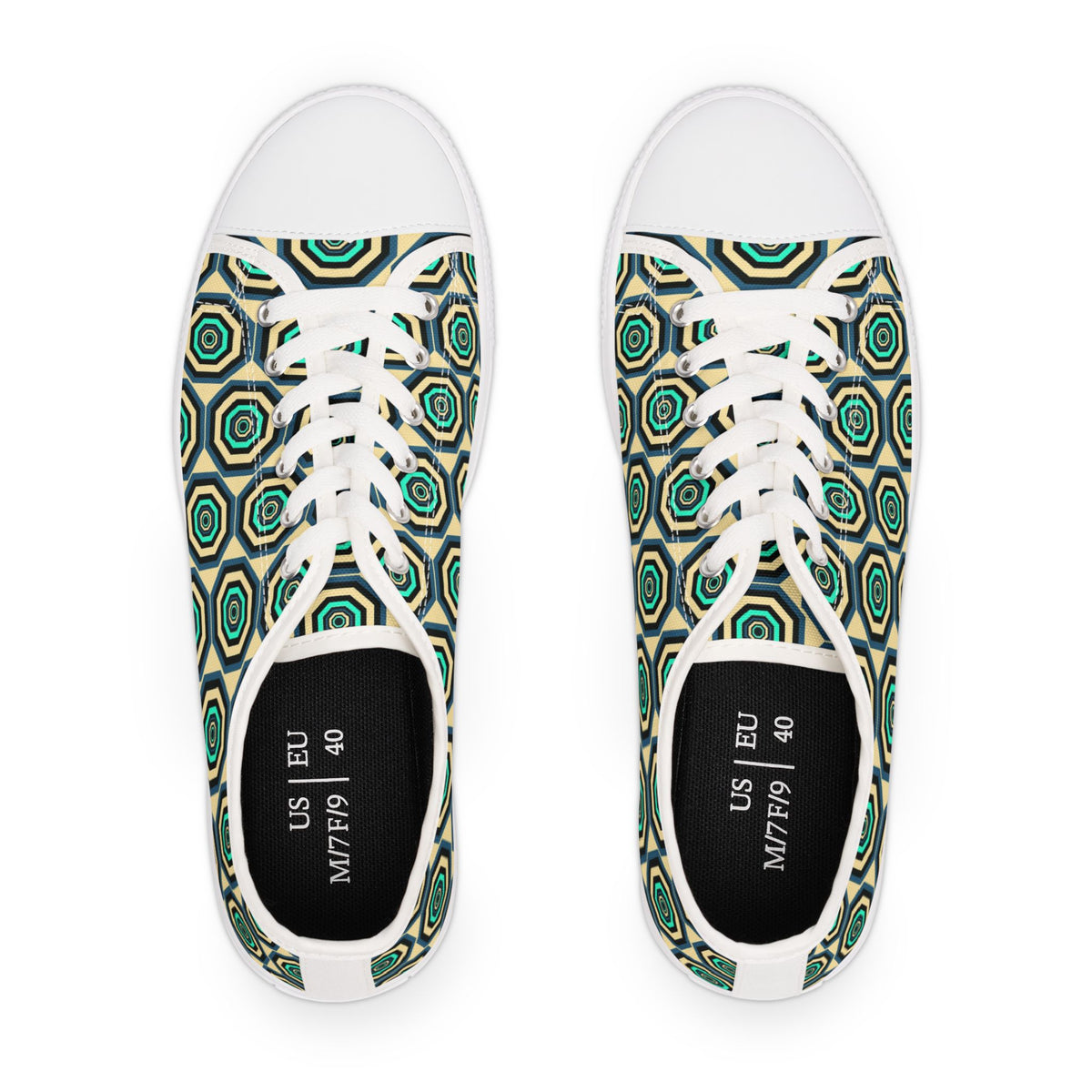 Geometric Retro Hexagon Women's Low Top Sneakers — Green Teal Patterned Canvas Shoes