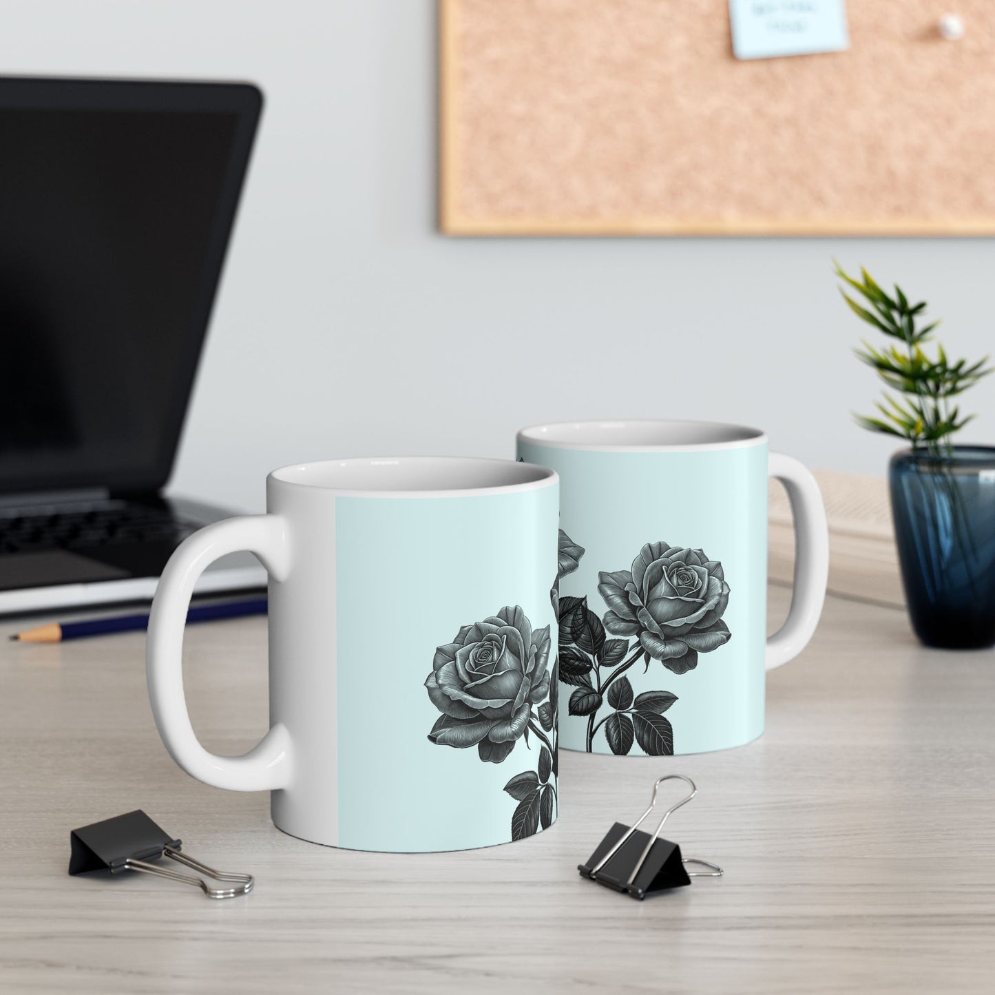 Elegant Floral Ceramic Mug - Black and White Rose Design, Coffee Cup, Gift for Her, Home Decor, Tea Lover's Perfect Mug
