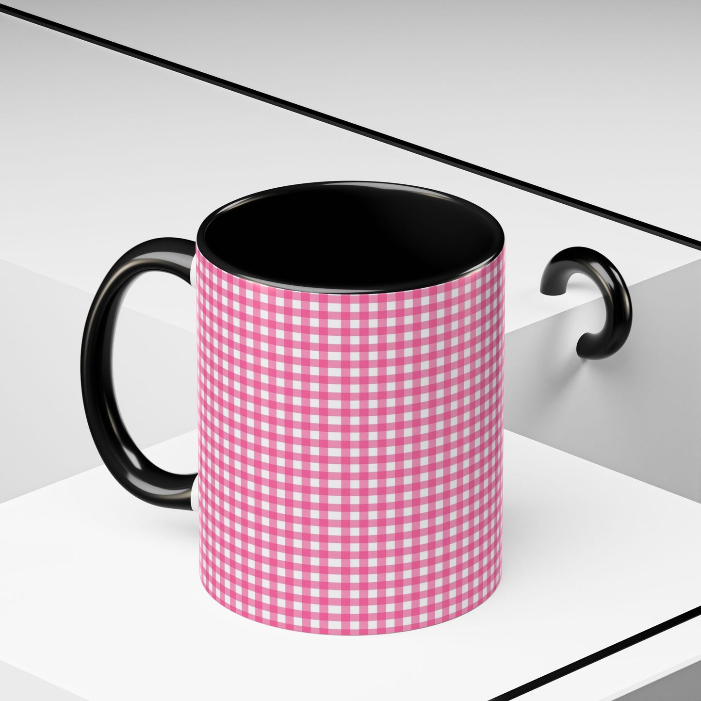 Pink Gingham Accent Coffee Mug, Cute Kitchen Decor, Gift for Coffee Lovers, Home Office Mug, Spring and Summer Vibes