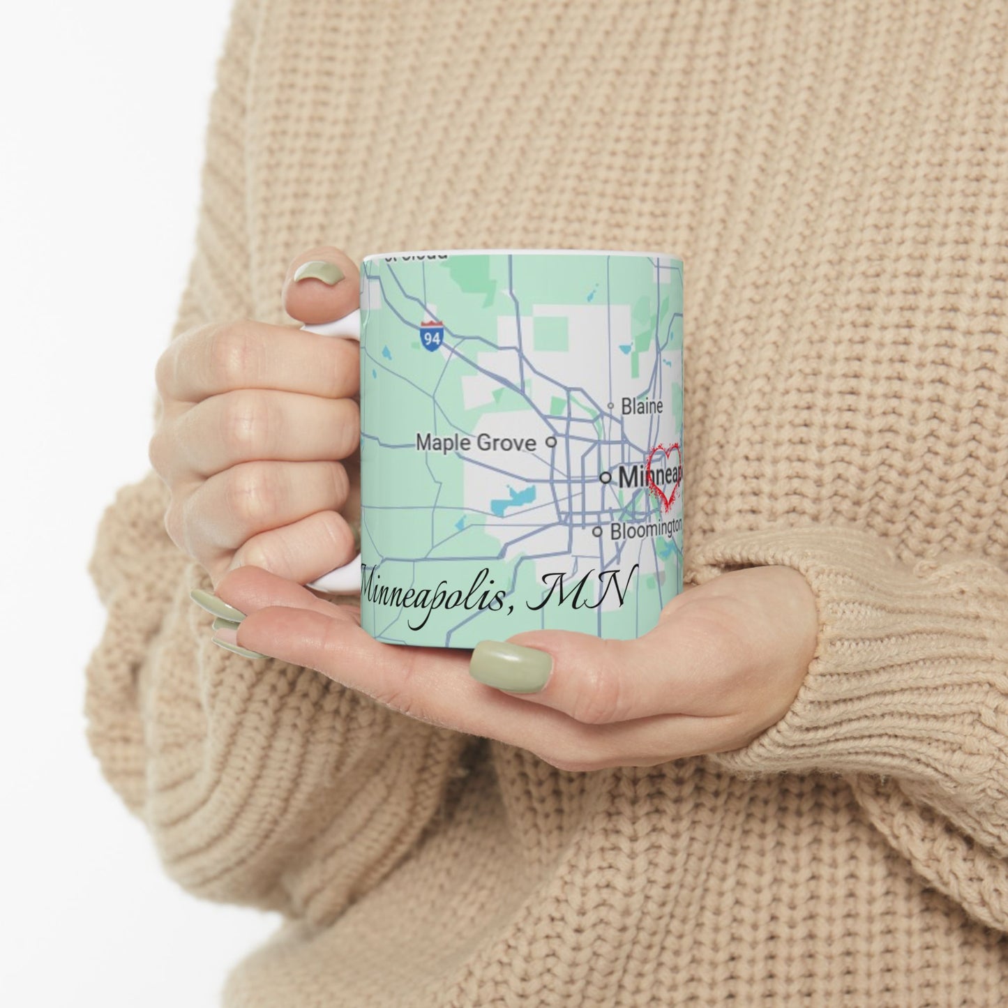 Personalized Map Mug, Custom Map Coffee Cup, Unique Gift for Travelers, Home Decor, Anniversary Present, Heart in Minneapolis