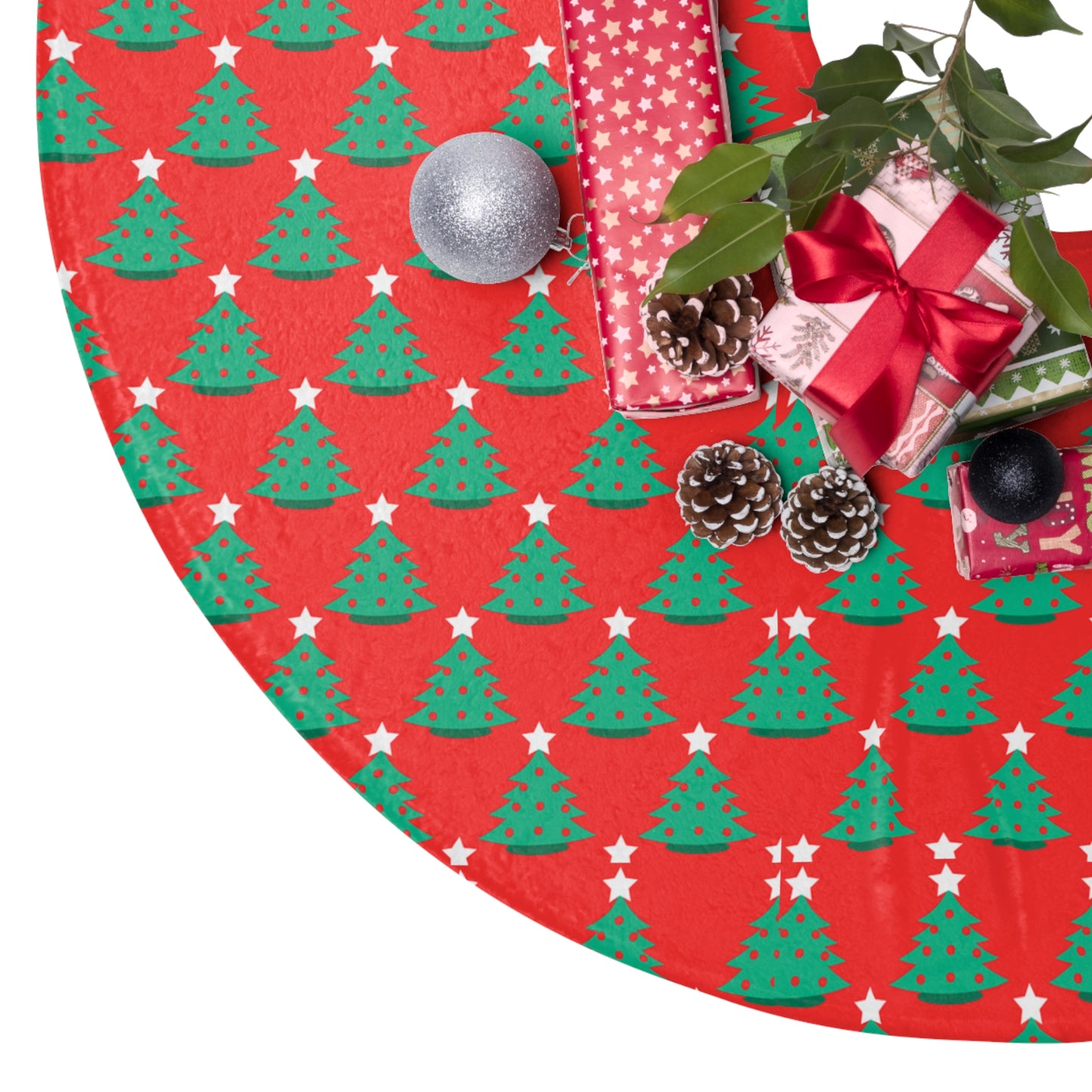 Festive Christmas Tree Skirt, Holiday Decor, Christmas Decoration, Tree Cover, Red with Green Trees, Gift for Family