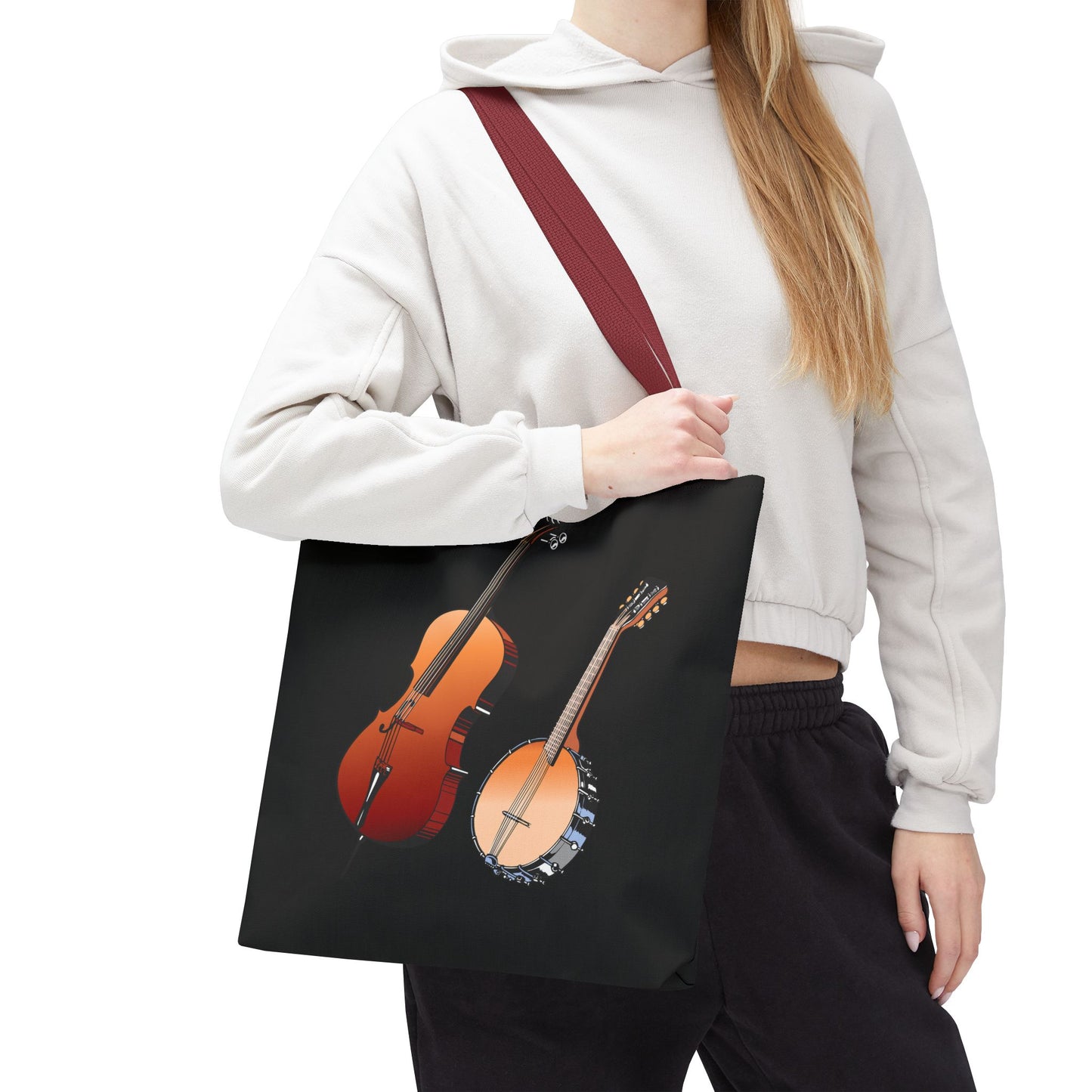 Musical Instruments Tote Bag, Music Lover Gift, Banjo and Cello Design, Stylish Grocery Tote, Concert Bag, Eco-Friendly Carryall