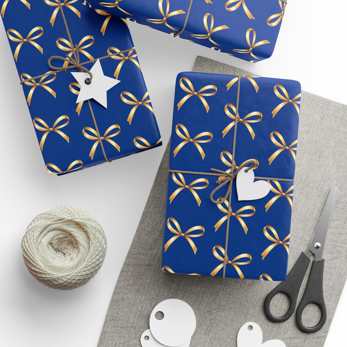 Wrapping Paper — Blue Gift Wrap with Gold Ribbon Pattern