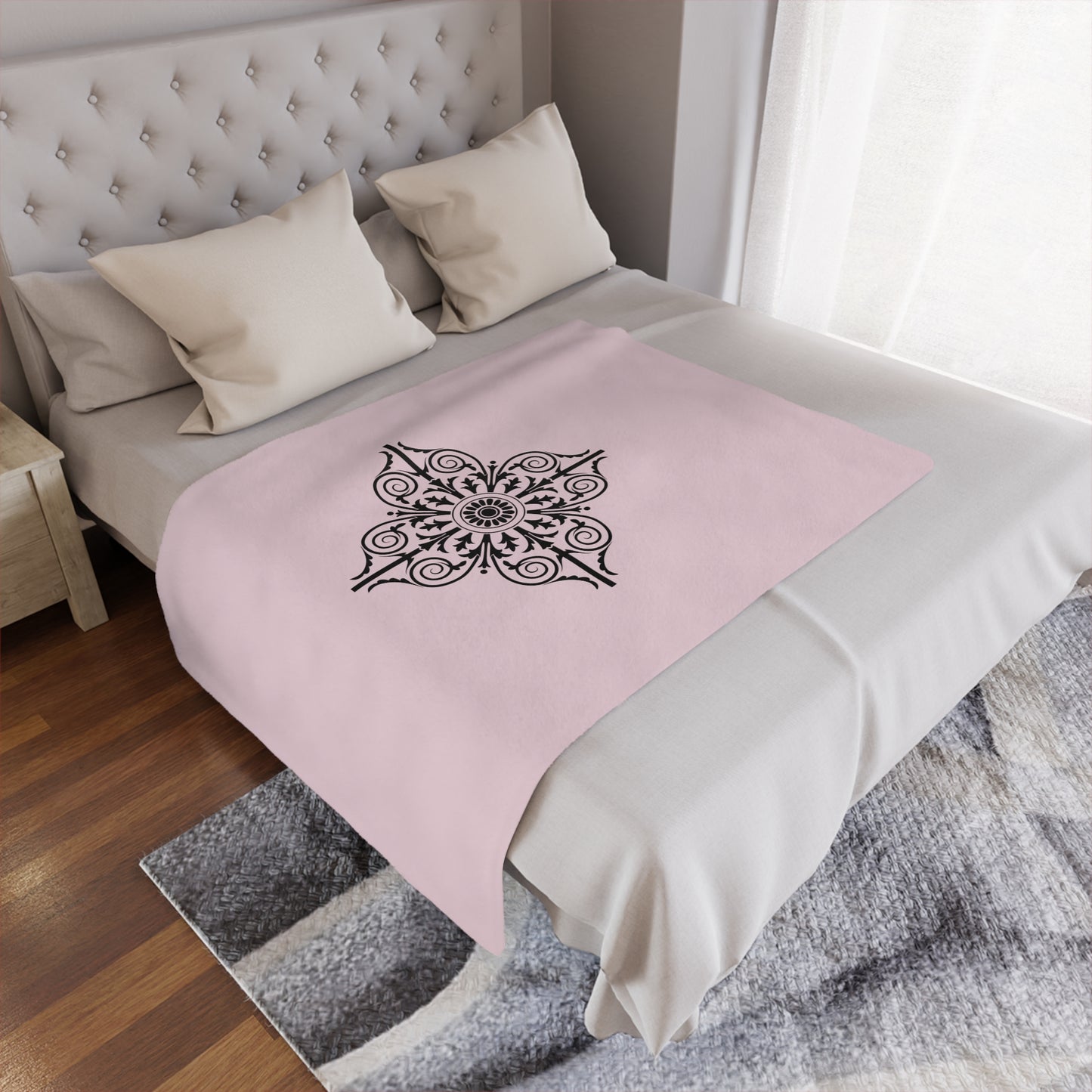 Pink Minky Blanket with Black Ornate Medallion – Decorative Cozy Throw