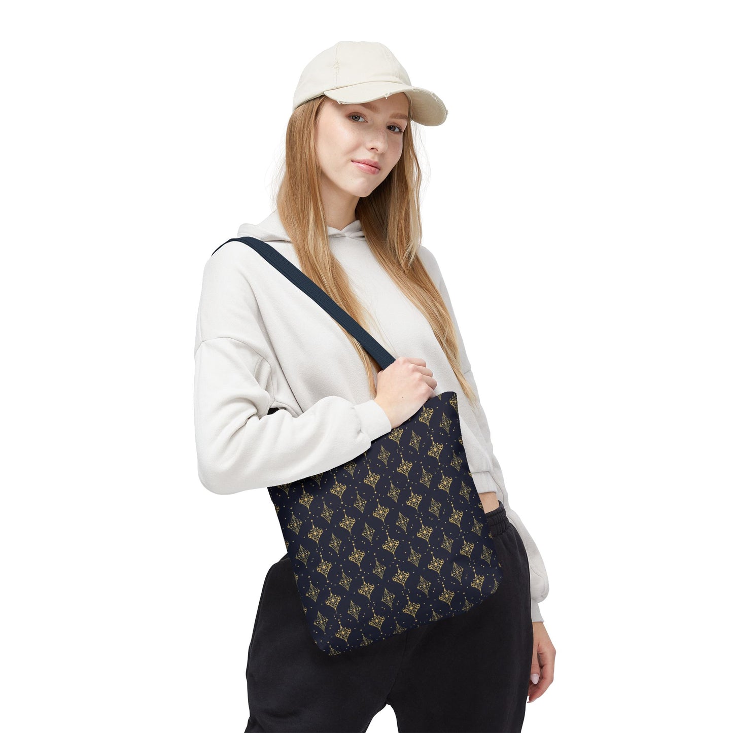 Navy & Gold Art Deco Tote Bag — Elegant Geometric Pattern All-Over Print