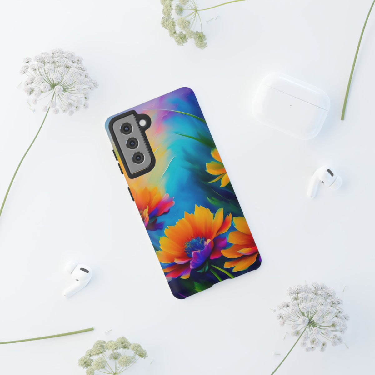 Floral Burst Tough Phone Case — Vibrant Watercolor Flowers Protective Cover