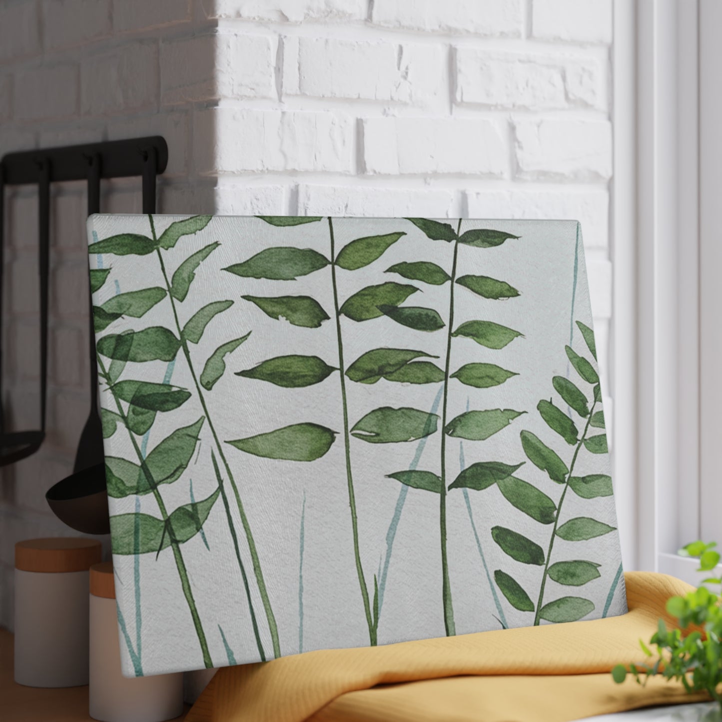 Glass Cutting Board - Green Watercolor Ferns Kitchen Prep Board