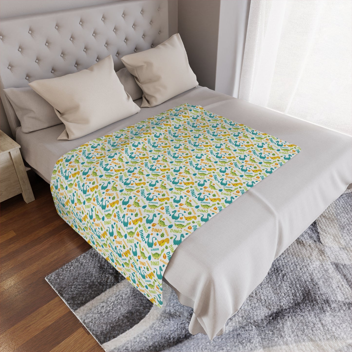 Baby Footprint Minky Blanket — Soft Dinosaur Pattern Nursery Throw