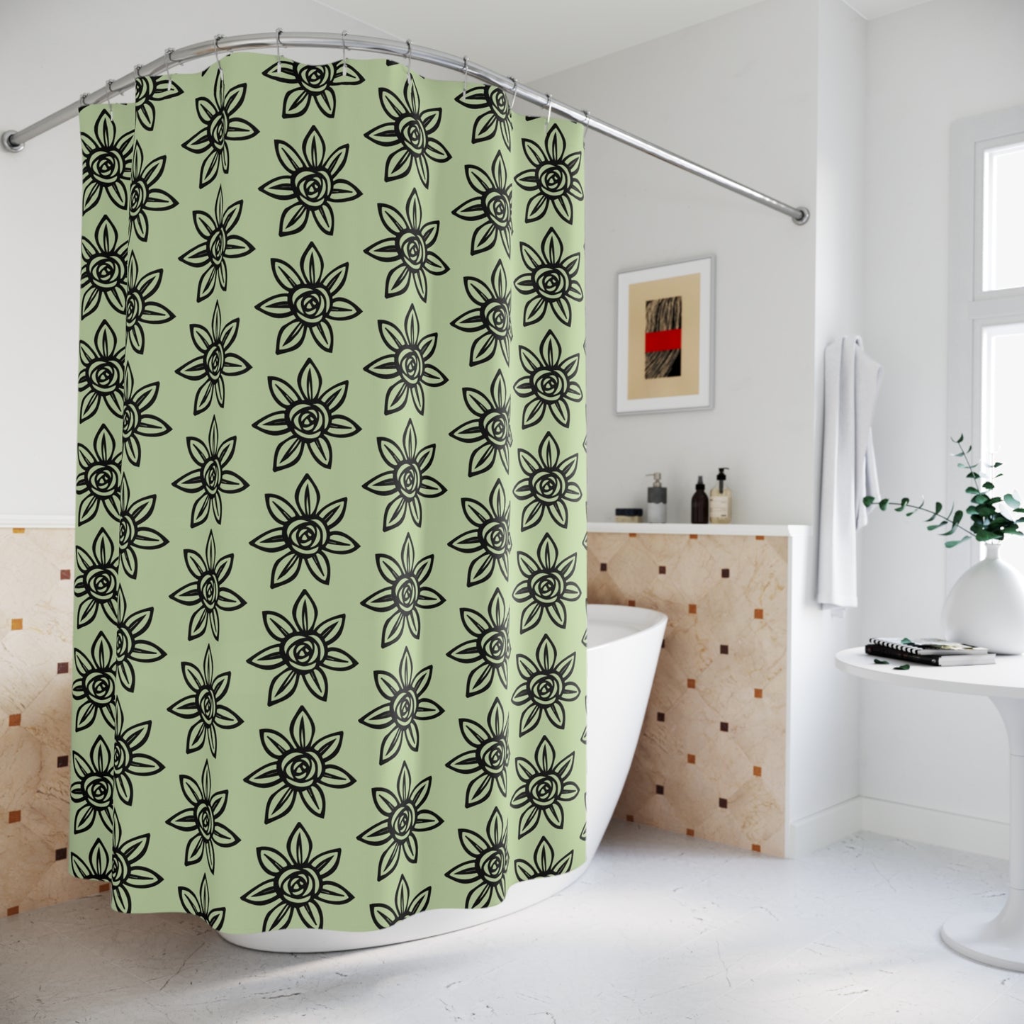 Floral Pattern Shower Curtain, Botanical Bathroom Decor, Green Floral Curtains, Modern Home Accessory, Flower Shower Curtain