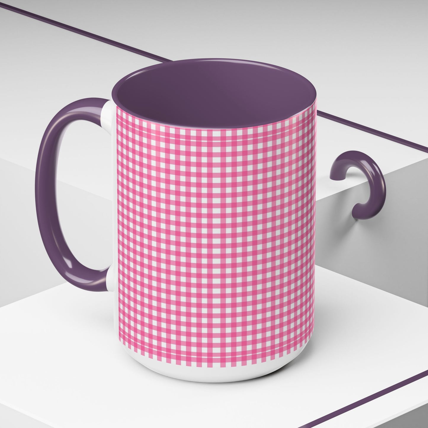 Pink Gingham Accent Coffee Mug, Cute Kitchen Decor, Gift for Coffee Lovers, Home Office Mug, Spring and Summer Vibes