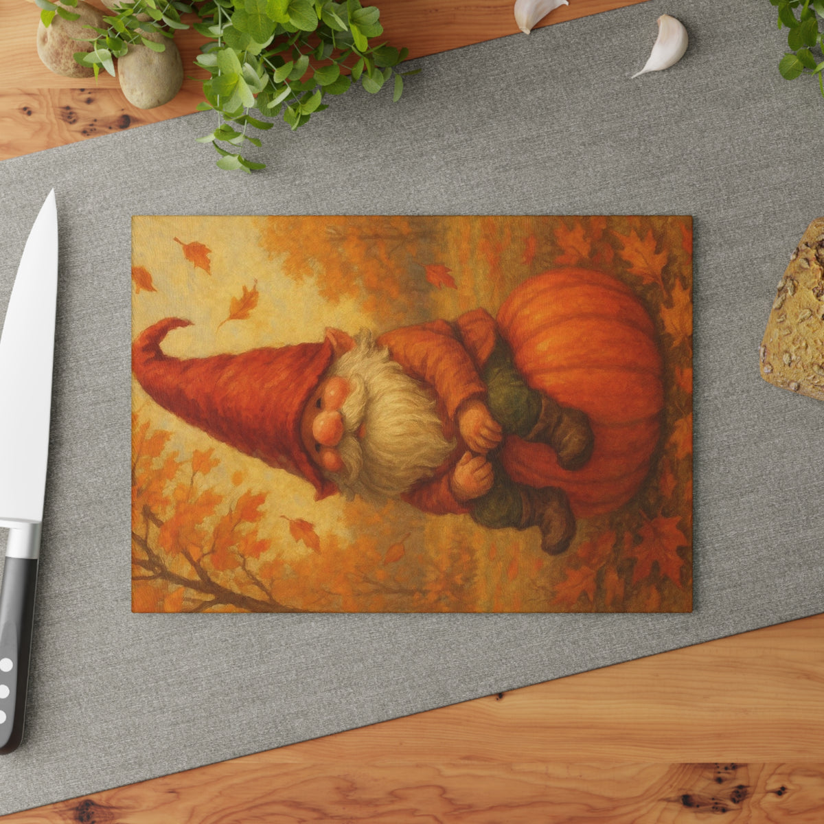 Autumn Gnome Glass Cutting Board, Fall Kitchen Decor, Gnome Themed Gifts, Thanksgiving Serving Board, Harvest Decoration