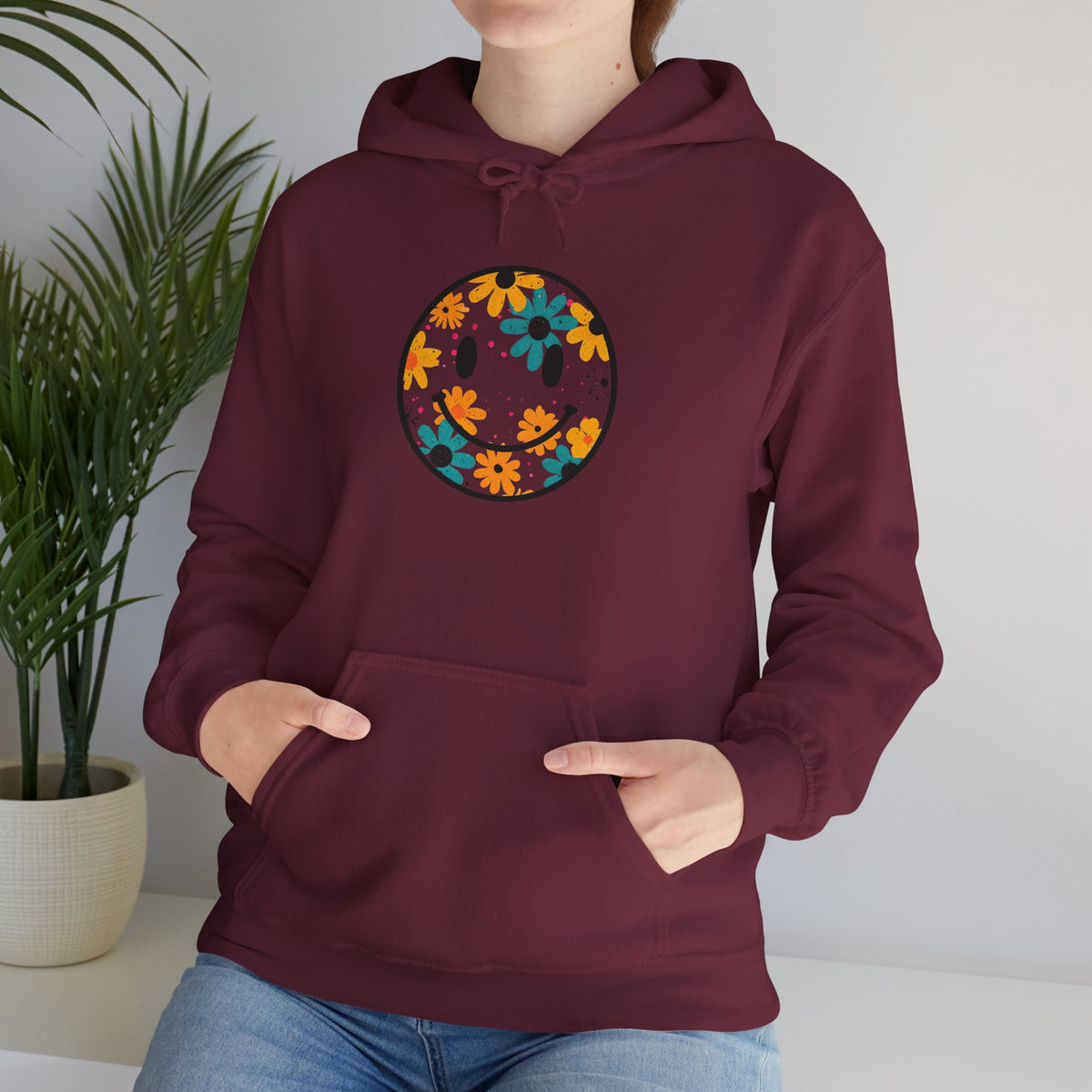 Floral Smiley Hoodie — Retro Daisy Smile Graphic Hoodie