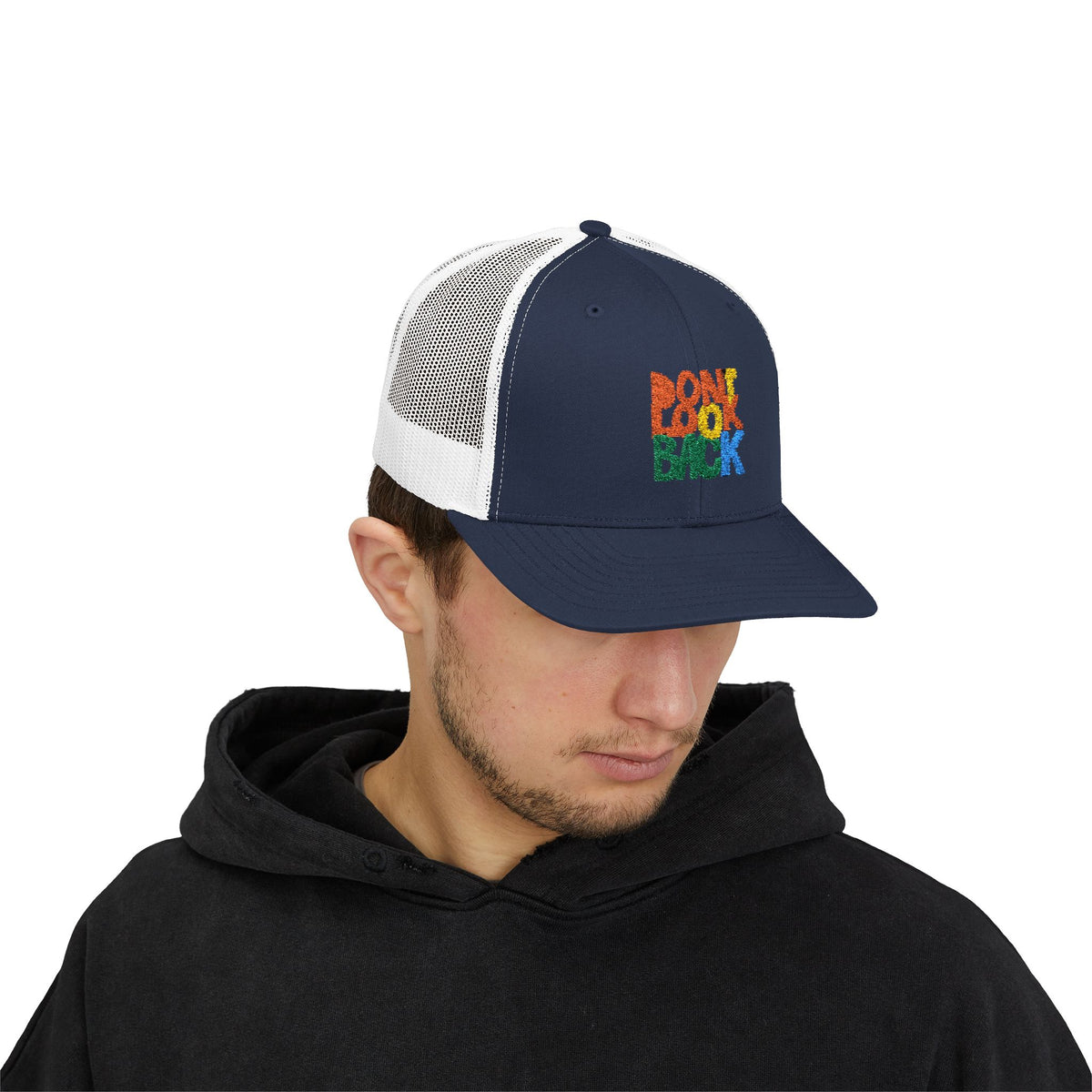 Don’t Look Back Snapback Trucker Cap — Retro Rainbow Embroidered Hat