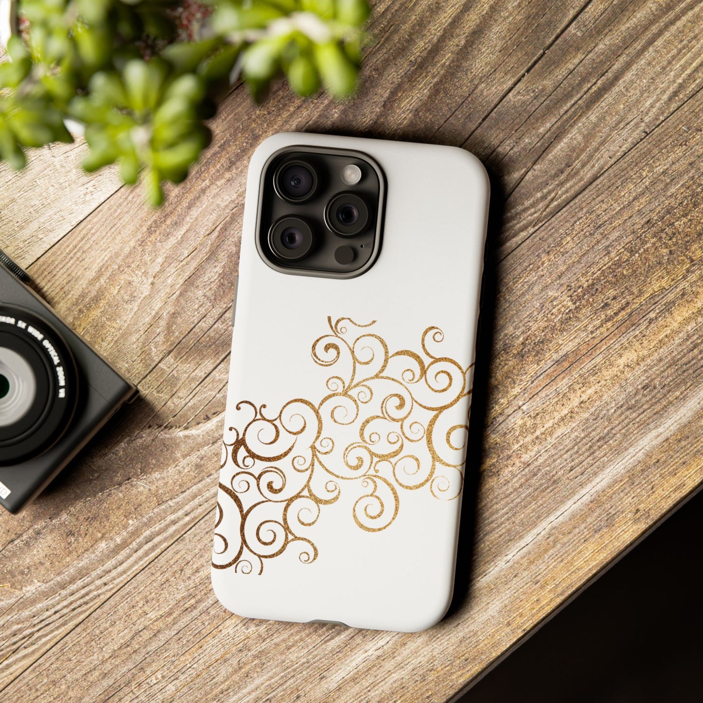 Elegant Floral Phone Case, Tough Cases, Gold Swirls, Stylish Protection, Trendy Gift, Chic Accessory