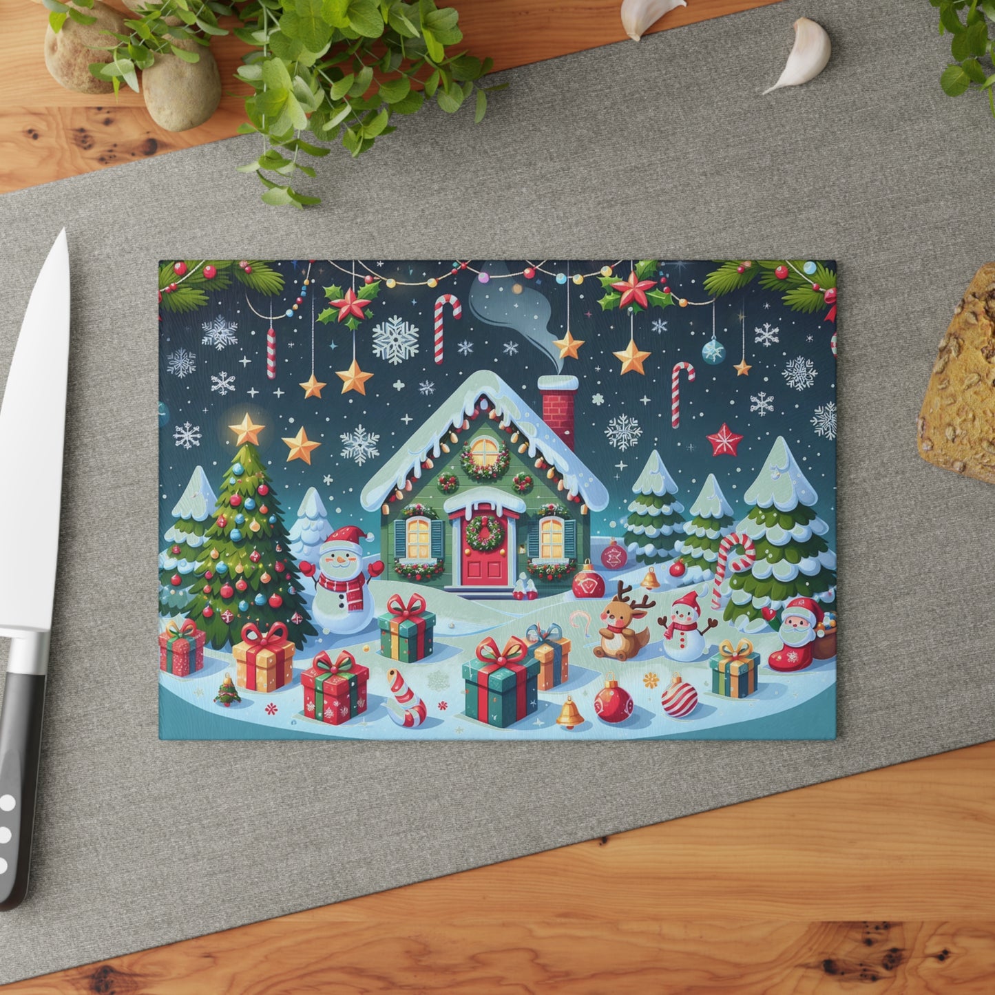 Festive Glass Cutting Board - Christmas Kitchen Decor, Holiday Gifts, Unique Home Accents, Seasonal Cooking