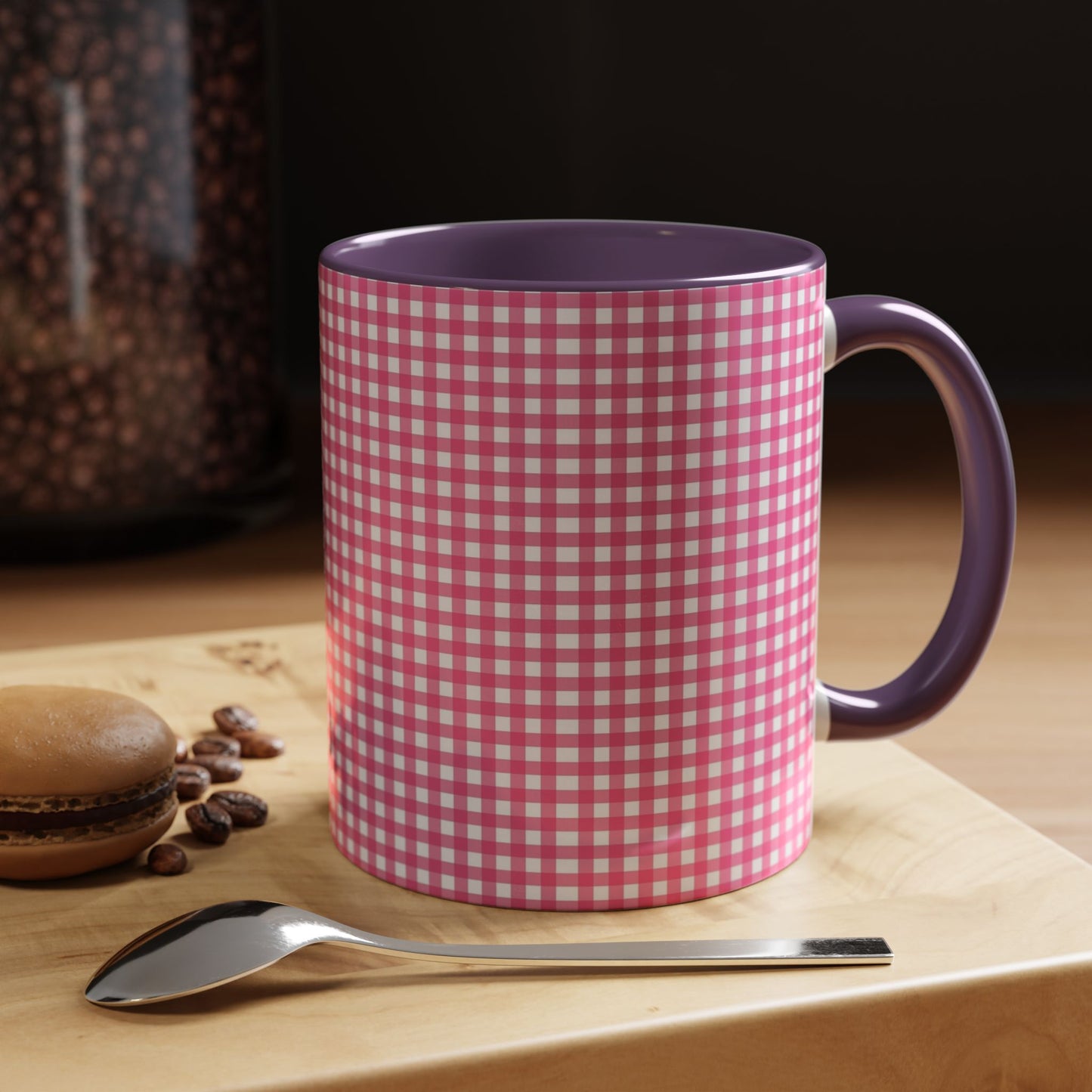 Pink Gingham Accent Coffee Mug, Cute Kitchen Decor, Gift for Coffee Lovers, Home Office Mug, Spring and Summer Vibes