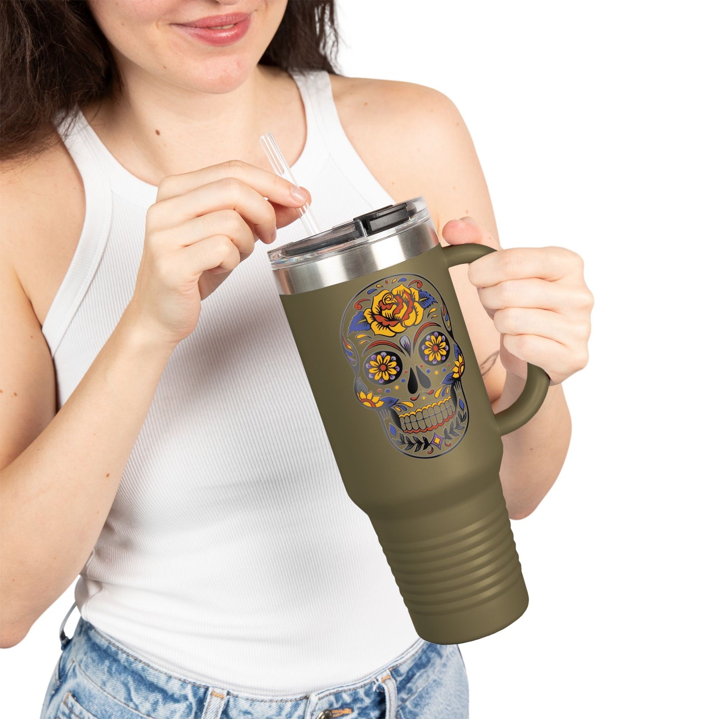 Day of the Dead Insulated Travel Mug, 40oz Skull Design, Coffee Tumbler, Gift